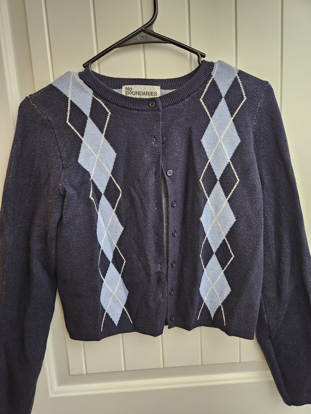 No Boundaries Navy Blue Argyle Buttonup Cardigan with Light Blue Diamonds
